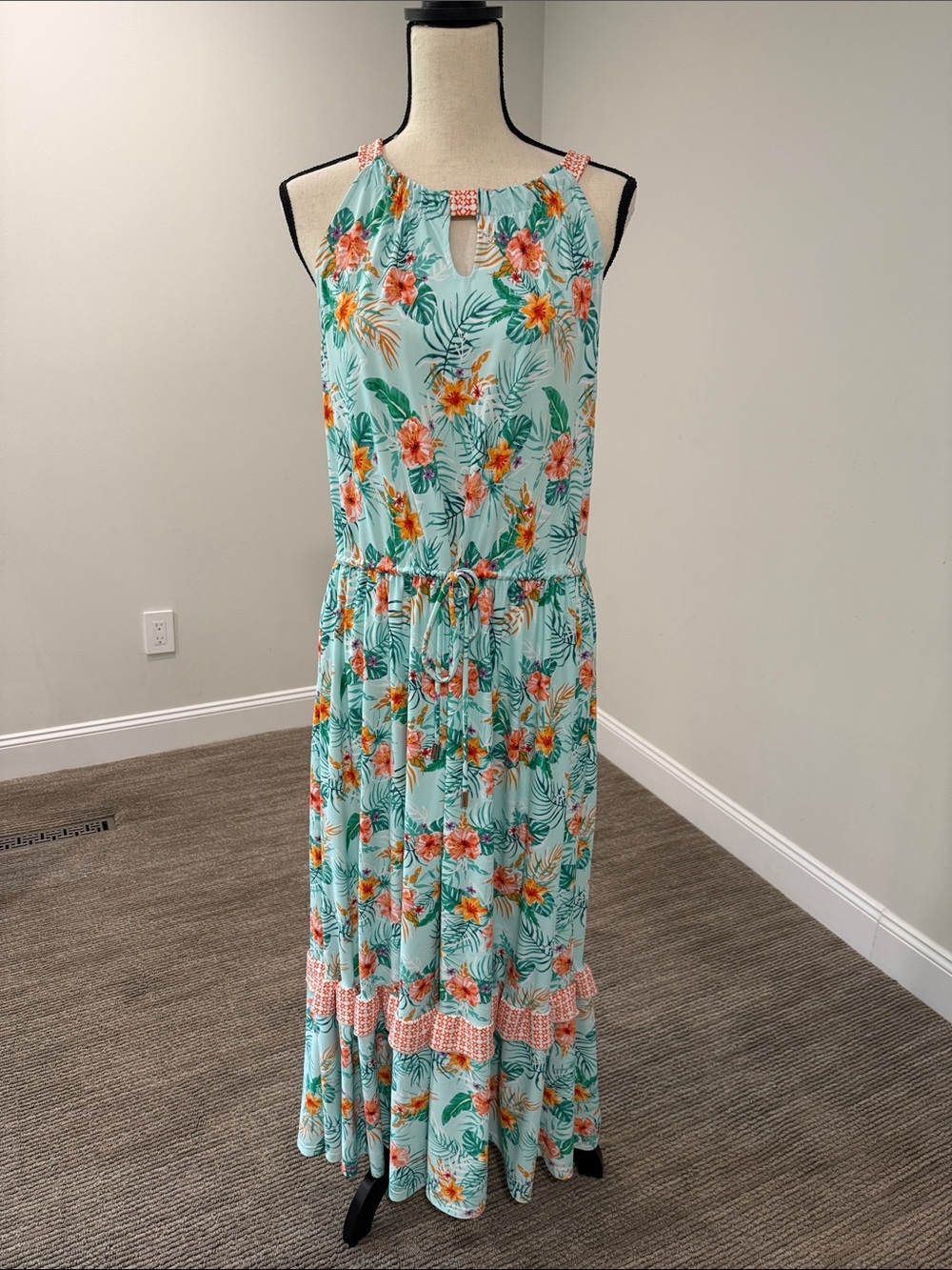 Cabana Life Mint Floral Halter Maxi Dress with Coral Accents